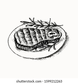 Grilled beef steak served with herbs hand drawn vector sketch isolated on the white background