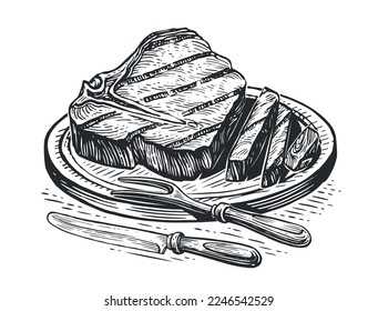 Grilled beef steak tenderloin with knife and fork on wooden cutting board. Grill food, engraved sketch vector