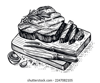 Grilled beef steak tenderloin with knife and fork on wooden cutting board. Grill food, BBQ sketch. Vector illustration