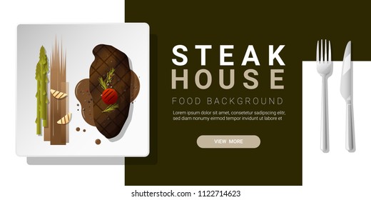 Grilled beef, strip loin steak and spices served on plate, food background , vector , illustration