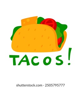 Grilled beef tacos with fresh tomato salsa on white. bent tortilla with variety of fillings. Mexican food, Latin American fast food. Isolated flat illustration on white with inscription, product name