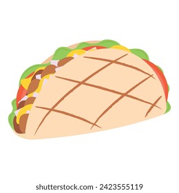 Grilled beef tacos with fresh tomatoes, cheese, meat, herbs and sauce. Vector illustration of takeout food in flat style. Hand drawn flat street food street food