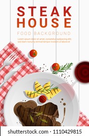 Grilled beef, t-bone steak and spices with red wine on white table background , vector , illustration