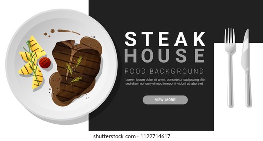 Grilled beef, t-bone steak and spices served on plate, food background , vector , illustration