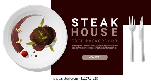 Grilled beef, tenderloin steak and spices served on plate, food background , vector , illustration