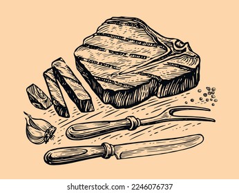 Grilled beef veal steak, knife and fork. Cooking food, barbecue, grill meat concept. Hand drawn vintage sketch vector