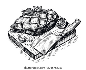 Grilled beef veal steak and knife cleaver on wooden cutting board. Grill food, engraved sketch vector illustration