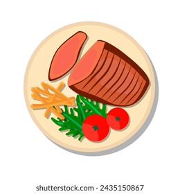 Grilled beef with vegetables on plate. Vector illustration 