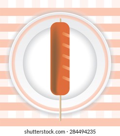 Grilled big sausage on a plate on red background pattern.