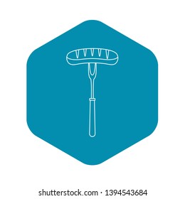 Grilled bratwurst on a bbq fork icon. Outline illustration of grilled bratwurst on a bbq fork vector icon for web
