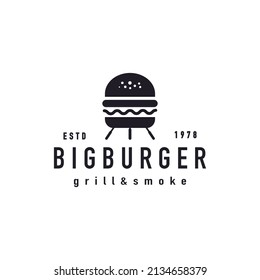 Grilled burger with kettle charcoal grill melted cheese logo design