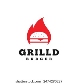 Grilled Burger logo design. Burger with Fire logo design