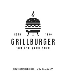 Grillter Burger Logo-Design. Gegrillter Burger mit Wasserkocher Holzkohlegrill Logo Design.