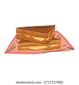 Porción de comida de queso a la parrilla. Vector de cheddar o mozzarella tostado o derretido. Comida láctea americana o sándwich de plato pegajoso. Elemento nutritivo del pan. Clipart culinario y de recetas. Gastronomía y nutrición.