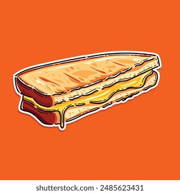 grilled cheese sandwich clip art illustration for menu, poster, web. Sandwich cheese vector. Bread vector. wallpaper. background. Cheese stretch. Isolated on Orange Background 