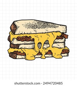 Grillkäse Sandwich Handgezeichnete Cartoon Food for Business Konzept. Vektorgrafik Comic Illustration Stil. Frühstück, Brunch, Speisen und Getränke.