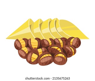 Grilled chestnuts and paper bag for sale