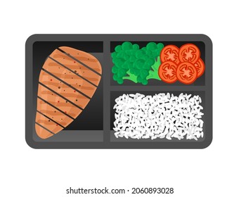 grilled chicken breast boiled rice broccoli and cherry tomatoes in container lunch box healthy food delivery vector illustration top view