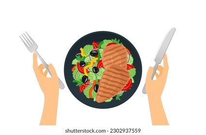 grilled chicken breast healthy  fresh vegetables salad  on plate fork and knife in hands  top view vector illustration