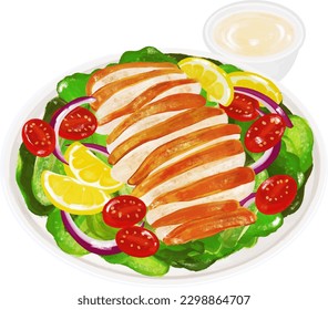 Ensalada de pollo a la parrilla, ensalada de pollo con vestimenta, comida, orgánica, sana, dibujo vectorial