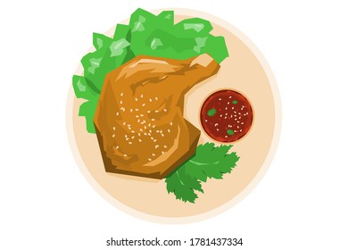 Grilled chicken with chilli sauce on the plate and with vegetables isolated flat design
