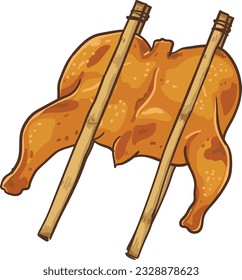 Grilled chicken with chopsticks on white background.