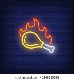 Grilled chicken drumstick with fire flame neon sign. Grill, barbeque, dinner concept. Advertisement design. Night bright neon sign, colorful billboard, light banner. Vector illustration in neon style.