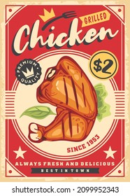 Grilled chicken drumstick retro promotional poster. Restaurant menu advertisement on old paper texture. Food vector illustration.