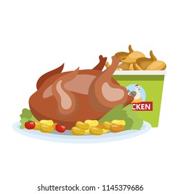 Grilled chicken and fried legs in the red bucket. Fast food. Isolated flat vector illustration