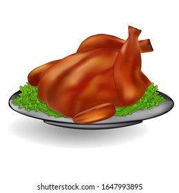 Grilled chicken isolated on a white background. Vector illustration of fried chicken with green lettuce on a black plate. Traditional festive dinner vector illustration.