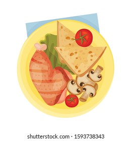 Grilled Chicken Leg with Mushrooms and Sliced Bread Served on Flat Plate Vector Illustration