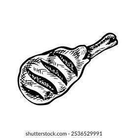 Grilled chicken leg. Vector graphics with the image of a chicken leg cooked on a barbecue. A hand-drawn black and white illustration of the dish. For a menu, poster, or label. For cooking recipes.