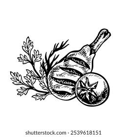 Grilled chicken leg with vegetables. Vector graphics with the image of a chicken leg with tomatoes and herbs cooked on a barbecue. A hand-drawn black and white illustration. For a menu, cooking recipe