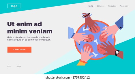 Grilled chicken legs for diverse company. Multiethnic human hands, dish, meat flat vector illustration. Barbecue party, eating together concept for banner, website design or landing web page