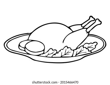 ilustración vectorial de línea de pollo asado, aislado en fondo blanco, vista superior