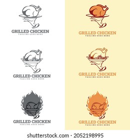 Logo-Vektor für gegrilltes Huhn. Logo für scharfe Hühnerkost, Logo für Hühnergebäck