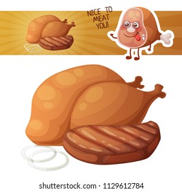 Grilled chicken and meat icon. Vector illustration of barbecue meat. Cute cartoon meat charatcer