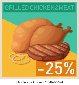 Grilled chicken and meat illustration. Barbecue meat vector design graphic for supermarket promo