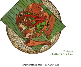 grilled chicken om top with herb , asian style. Hand draw sketch vector.