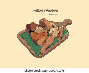 grilled chicken on wood tray , asian style. Hand draw sketch vector.