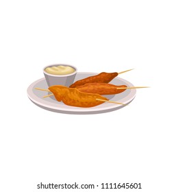Grilled chicken on wooden sticks and spicy dipping sauce. Traditional Spanish food. Flat vector for cafe or restaurant menu