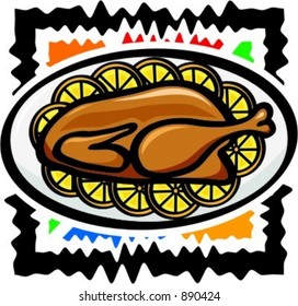 Grilled chicken in a plate with lemon. Vector illustration.