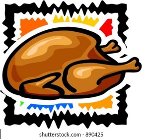 Pollo asado en un plato con limón. Ilustración vectorial.