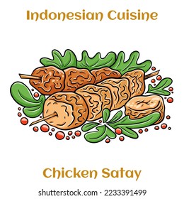 Grilled chicken satay skewers with with lime and chili. Indonesian traditional food 