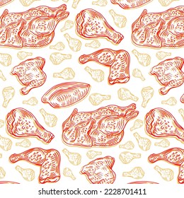 Grilled chicken seamless pattern, sketch style. Fried chicken endless background, texture. Vector illustration