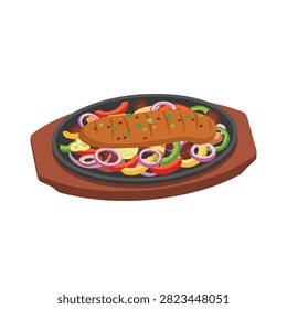 Grilled chicken steak on a hot sizzling plate with sauteed bell peppers and onions vector illustration