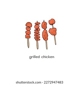 Grilled chicken, street food, freehand drawn style on white background