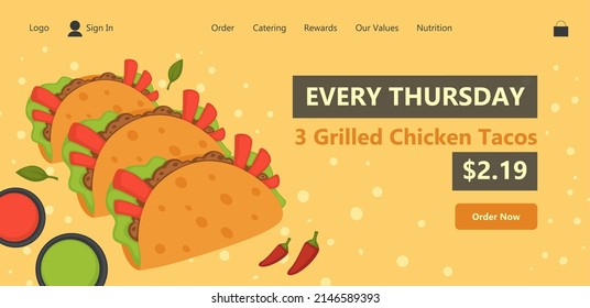 Grilled chicken tacos with discount ordering from online restaurants or cafe. Every Thursday sale and reduction of price for special clients. Website landing page template, vector in flat style