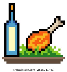 Grilled chicken thigh meat with wine bottle in pixel art style
