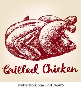 Grilled chicken, turkey meat, barbecue hand drawn vector illustration realistic sketch